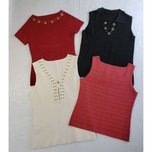 Lot of 4 Knit Tops Womens Small/Medium Pullover Red White Black Ribbed Studded